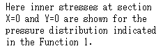 �e�L�X�g �{�b�N�X: Here inner stresses at section X=0 and Y=0 are shown for the pressure distribution indicated in the Function 1.

