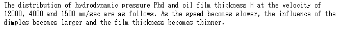 �e�L�X�g �{�b�N�X: The distribution of hydrodynamic pressure Phd and oil film thickness H at the velocity of 12000, 4000 and 1500 mm/sec are as follows. As the speed becomes slower, the influence of the dimples becomes larger and the film thickness becomes thinner.
